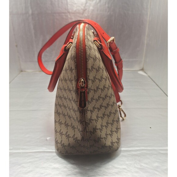 Michael Kors Khaki Monogrammed Coated Canvas/Red Leather Dome Satchel Crossbody - Picture 7 of 12